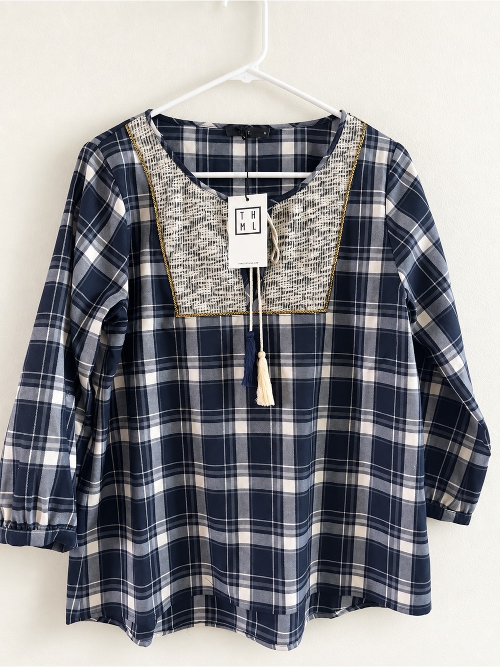 THML Navy and White Plaid Long Sleeve Peasant Blouse with Embroidered Yoke